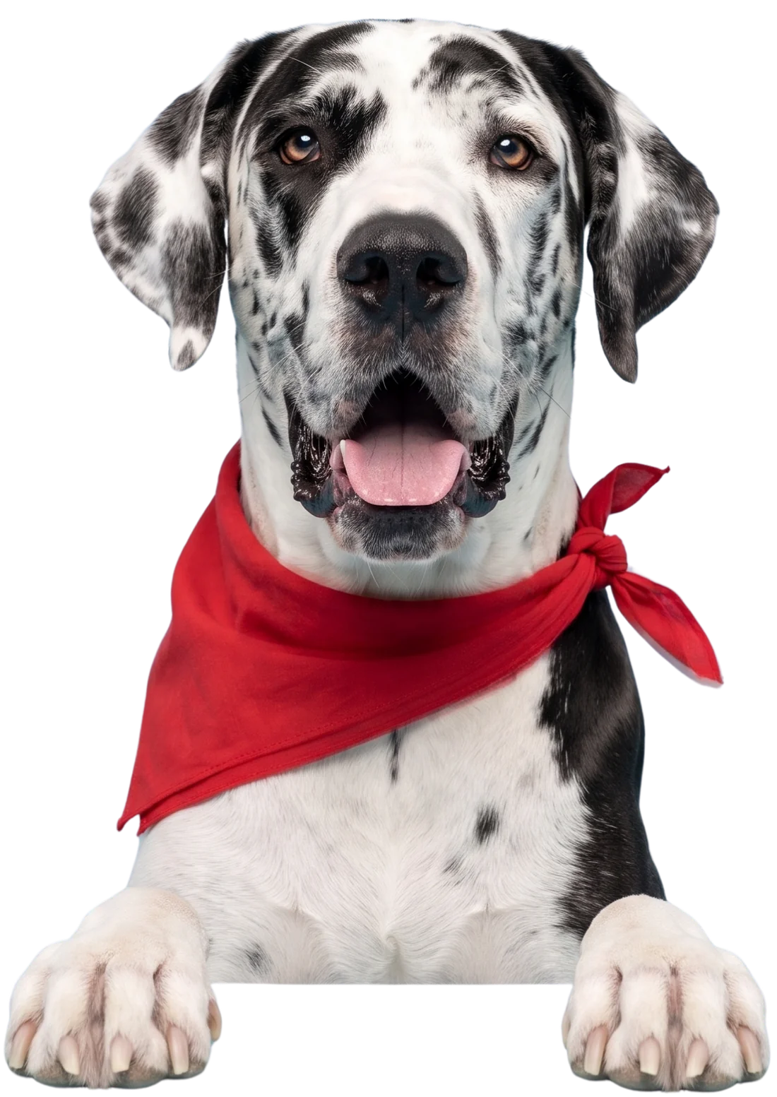 Happy Great Dane wearing a red bandana