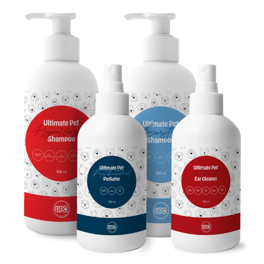 Ultimate Pet shampoo, perfume and ear cleaner bottles